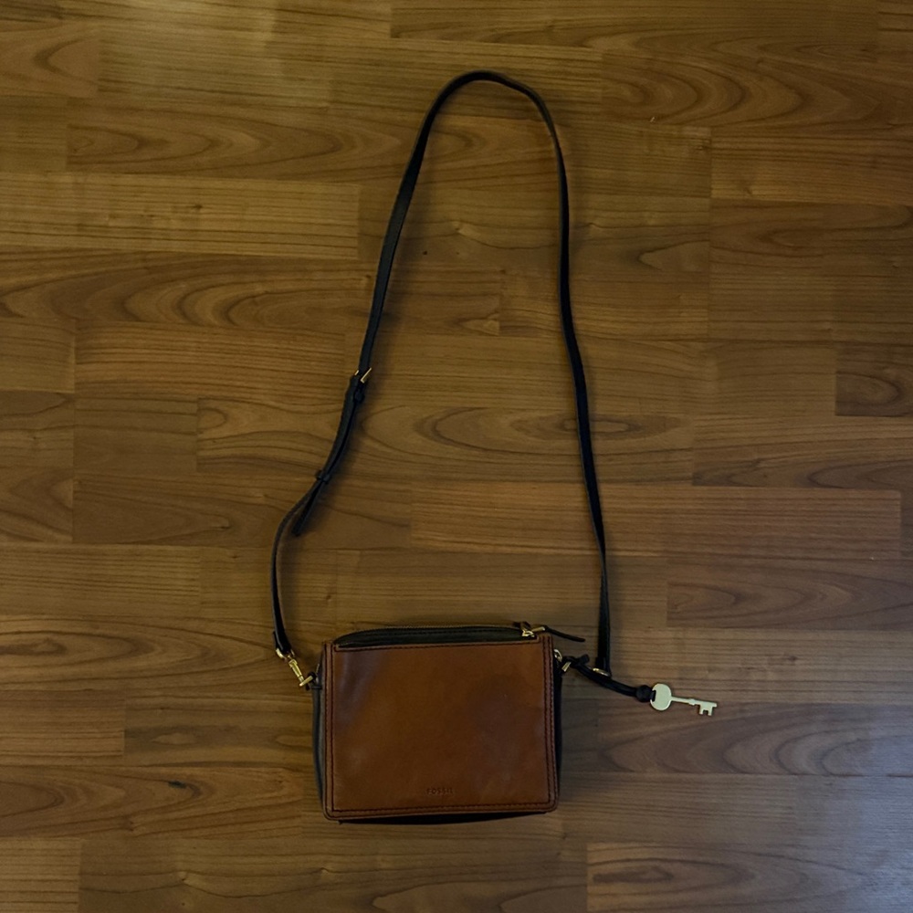 Fossil Campbell Square Black & Brown Leather Crossbody Bag